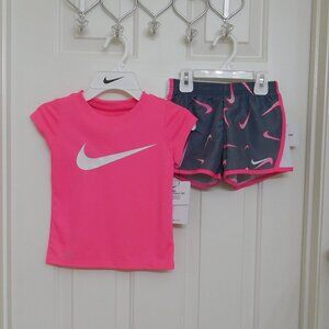 NWT 2pc Nike Pink White Swoosh Logo Top & Print Running Shorts sz 4